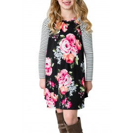 Black Spring Fling Floral Striped Sleeve Short Dress for Kids