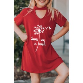 Red Dandelion Letters Print Keyhole Front T Shirt Dress