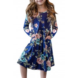 Floral Blue Swing Kids' Dress with Hidden Pockets