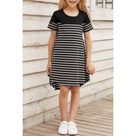 Black Colorblock Patchwork Striped Girls' Dress