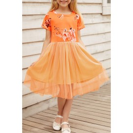 Orange Short Sleeves Floral Bodice Empire Waist Kids' Tulle Dress