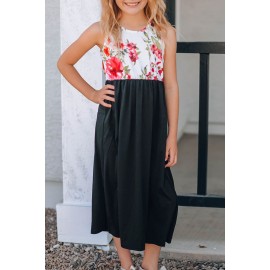 Black Crewneck Sleeveless Floral Patchwork Kids Maxi Dress