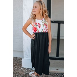 Black Crewneck Sleeveless Floral Patchwork Kids Maxi Dress
