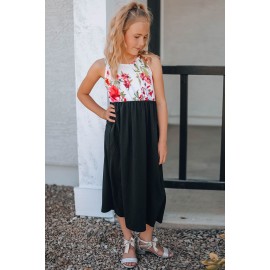 Black Crewneck Sleeveless Floral Patchwork Kids Maxi Dress
