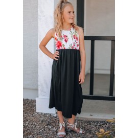 Black Crewneck Sleeveless Floral Patchwork Kids Maxi Dress