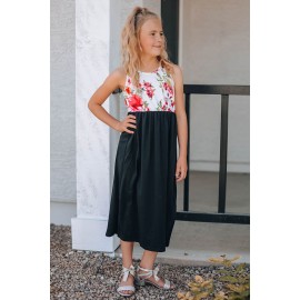 Black Crewneck Sleeveless Floral Patchwork Kids Maxi Dress