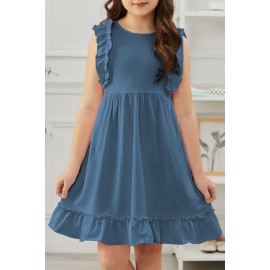 Blue Ruffled Empire Waist Pleated Flowy Kid Dress