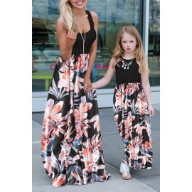 Black Mom and Daughter Matching Sleeveless Floral Print Kid's Maxi Dress