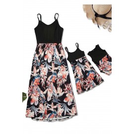 Black Mom and Daughter Matching Sleeveless Floral Print Kid's Maxi Dress