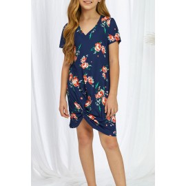 Blue Floral Print Twist Knot V Neck Girl's Mini Dress 