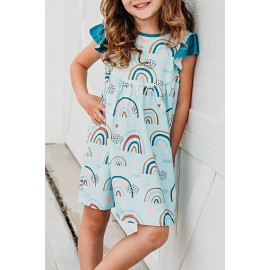 Sky Blue Graphic Print Ruffled Cap Sleeve Girl's Mini Dress