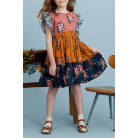 Multicolor Little Girl Colorblock Floral Print Ruffles Pleated Midi Dress