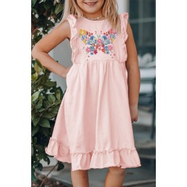 Pink Floral Butterfly Print Ruffled Sleeveless Girl's Mini Dress