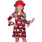 Girls Reindeer Allover Plaid Ruffled Christmas Dress