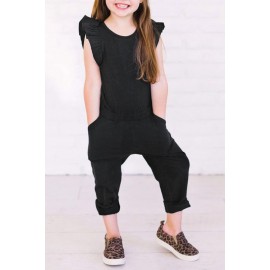 Black Little Girls Ruffled Shoulder Keyhole Back Jumpsuit with Pockets