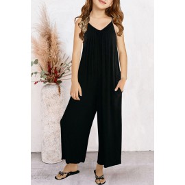 Black Spaghetti Strap Wide Leg Girl's Jumpsuit with Pocket