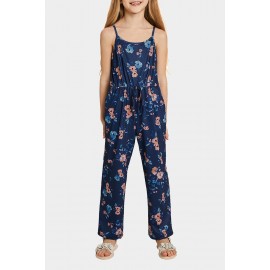 Blue Sleeveless Spaghetti Straps Floral Print Girl's Jumpsuit