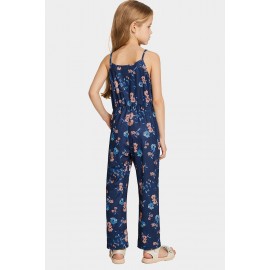Blue Sleeveless Spaghetti Straps Floral Print Girl's Jumpsuit
