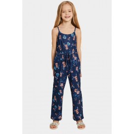 Blue Sleeveless Spaghetti Straps Floral Print Girl's Jumpsuit