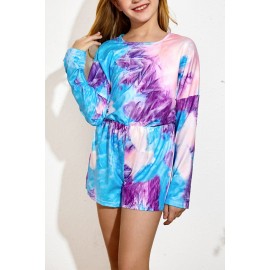 Purple Long Sleeve Elastic Waist Tie-dye Girl's Romper