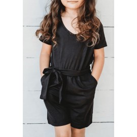 Black Tie Waist V Neck Short Sleeve Girl's Romper