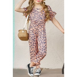 Little Girl Wild Leopard Flutter Sleeve Jumpsuit