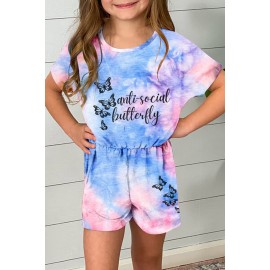 Sky Blue Anti-social Butterfly Tie Dye Print Girl's Romper