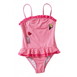 Ruffle Trim Red Plaid Little Girls Swimsuit