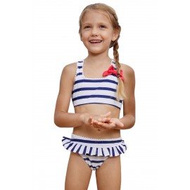 Navy Blue Striped Cross Back Bikini for Little Girls