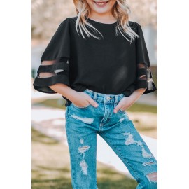 Black Girl's 3/4 Bell Sleeve Mesh Panel Blouse