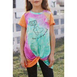 Orange Tie Dye Tape Letter Graphic Print Twist Knot Girl's T Shirt