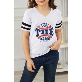 White Baseball Letter Graphic Print Striped Short Sleeve Girl's T Shirt