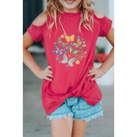 Rose Butterfly Print Cold Shoulder Girl's T Shirt