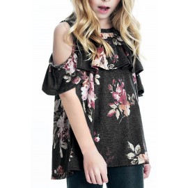 Black Ruffled Cold Shoulder Floral Girls' Top