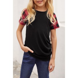 Black Plaid Raglan Sleeves Girls’ Tee