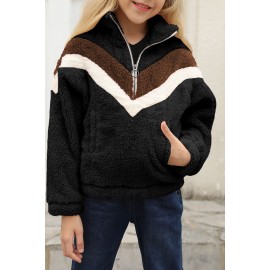 Black Stripe Color Block Half Zip Girl Fleece Sweatshirt with Pocket