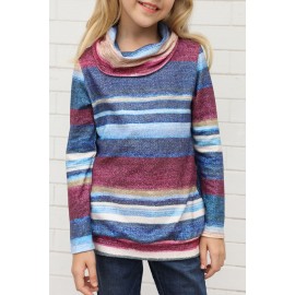 Blue Cowl Neck Girl's Striped Sweatshirt